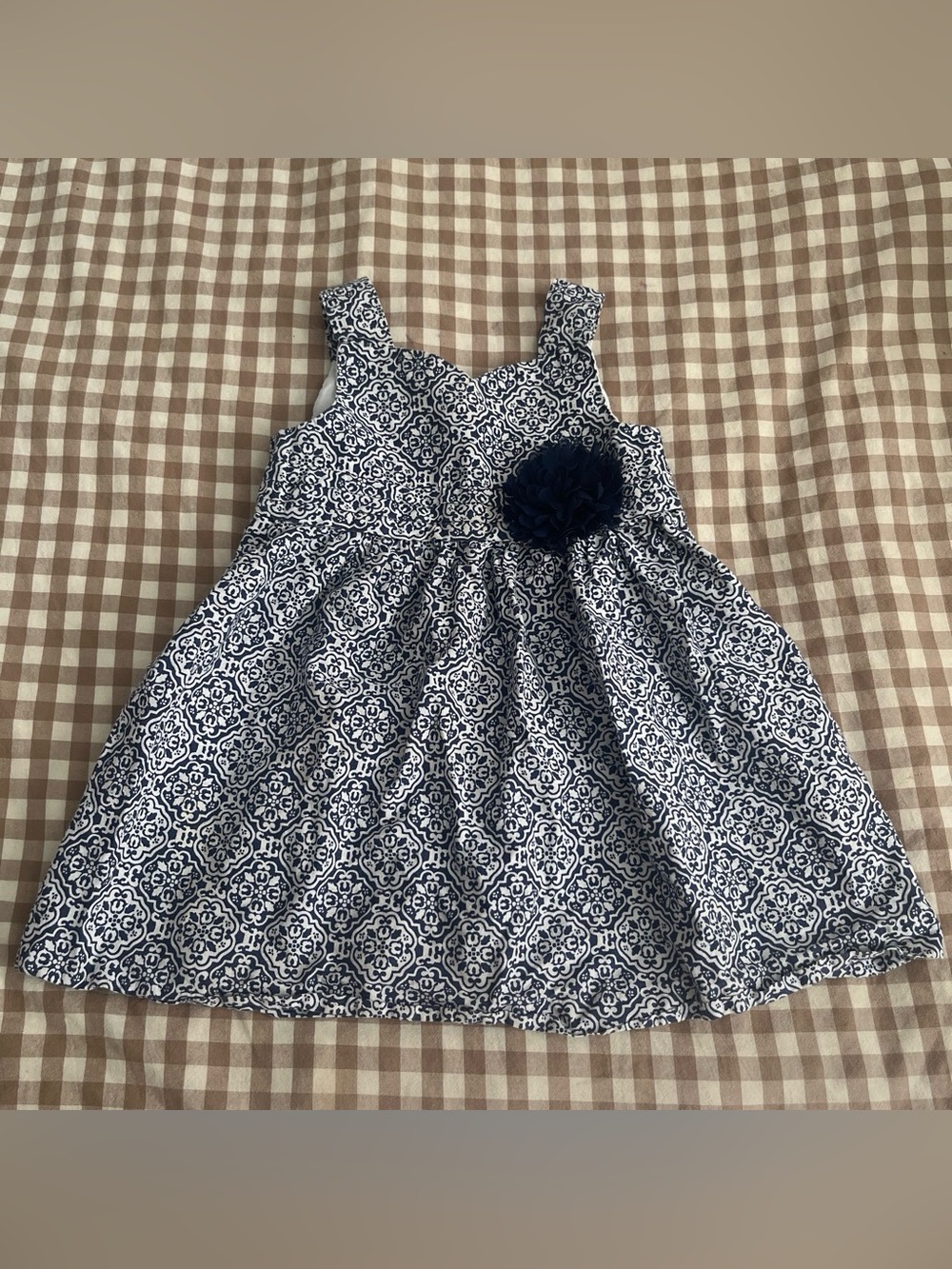 Baby Dress Navy and White with Flower Accent